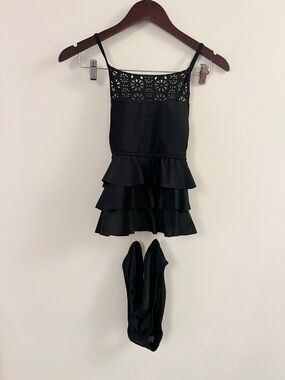 Sugar & Jade Black Crochet Ruffle Tankini Matching Set Girl Size XL (16/18) Plus